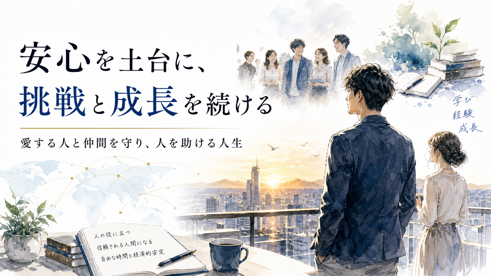 海外の街を背景に、挑戦と成長を続ける人生を表すキービジュアル